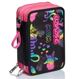 Seven Pencil Case, Multicoloured, Pencil Case for Stationery, Case with Pens, Ballpoint Pens, & More, 3 Compartments, Girls & Boys, School - Primary School, XXL Iridescent Pink/Black Stars, Smoke