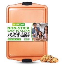 NutriChef Large Nonstick Cookie Sheet for Baking - 17" x 11" Carbon Steel Kitchen Oven Baking Pan, Premium Restaurant Grade Bakeware w/Black Silicone Handles - Easy to Clean, Copper
