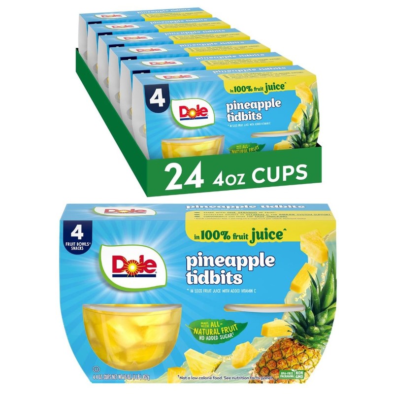 Dole Fruit Bowls Pineapple Tidbits in 100% Juice Snacks, 4oz