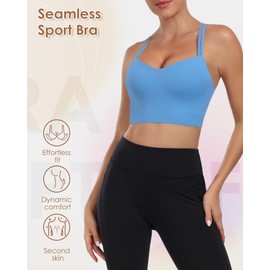 As Fariy Women's Cloud Longline Sports Bra Scoop Neck Spaghetti Straps Training Bra Yoga Crop Tank Top, blue