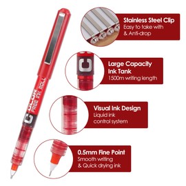 ELLECILA 13 Pack Red Rollerball Pens, 0.5mm Fine Tip Ink pens for Smooth Writing, Quick-Dry No Smudge, Ideal Pens for School, Home or Work Stationery Supplies (Red)