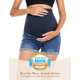 HOFISH Women's Over The Belly Maternity Shorts Support Pregnancy Shorts Breathable Jeans Shorts Navy XXL