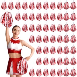 Halloscume 60 Pcs Cheerleading Pom Poms Cheering Pompoms Bulk Cheer Metallic Foil Pom with Baton Handle Plastic Poms Squad for Game Team Spirit Sports Dancing Basketball Club(Red, White)