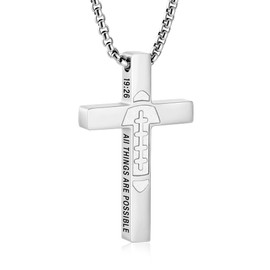 VULETO Football Bible Verse Cross Necklace for Boys Men, Silver Stainless Steel Pendant Chain Christian Religious Valentines Easter Chrismas Jewelry Gifts for Son Grandson Kids Teenage Teen 8-12 Accessories Stuff 19:26