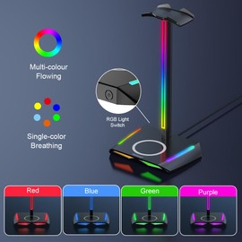 Feegar Hold RGB Headphone Stand with Wireless Charger, Gaming Headset Stand Headset Holder Wireless Charge Headphone Holder with 1 x USB 2 x Type-C 11 Lighting Effects Modes