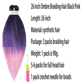 Pre Stretched Braiding Hair 26 inch 3 packs Hot Water Setting Synthetic Hair Crochet Braid Hair Extension Ombre Black Purple Braiding Hair
