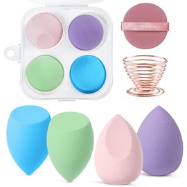 AUAUY 4-piece make-up sponge set, foundation blending beauty sponge, beauty makeup sponges blender for liquid, foundation, powder, sun protection and cream with 1 sponge holder, 1 powder puff