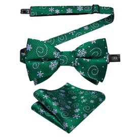DiBanGu Boys Christmas Bowtie Set Silk Xmas Holiday Pre-tied Bowtie and pocket Square for Kids Festive Bow Tie with Gift Box, Emerald Green and White Snowflake