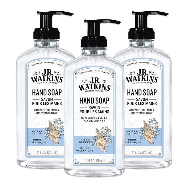 J.R. Watkins Gel Hand Soap, Scented Liquid Hand Wash for Bathroom or Kitchen, USA Made and Cruelty Free, 11 fl oz, Ocean Breeze, 3 Pack