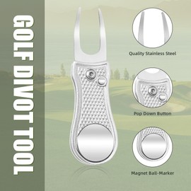 Mile High Life All Metal Foldable Golf Divot Tool with Pop-up Button & Magnetic Ball Marker (Silver Bone)