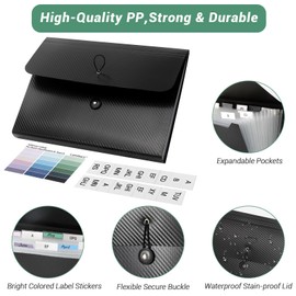 Lamitocs A4 Document Folder, File Organiser with 13 Compartments and Coloured Labels, A4 Plastic Folder for Document Storage for School, Office and Home, Black