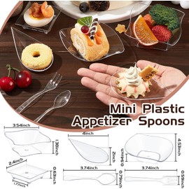 HEHIPLE 200 Pcs Mini Appetizer Plates with Spoons and Forks, Clear Disposable Dessert Bowls and Serving Trays, Tiny Plastic Party Plates for Appetizers, Tastings, Desserts