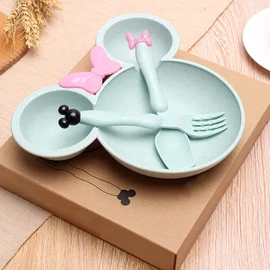 Minnie Kids Dinnerware Kids Dinnerware Set 3 Piece Plastic Spoon Fork Kids Toddler Plate Bowl Dinnerware Plate Set (Green)
