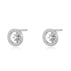 925 Sterling Silver Polaris Star Stud Earrings,Silver North Star Circle Stud Earring for Women