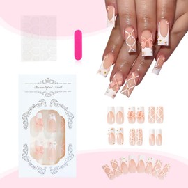 Press on Nails Long Coffin Square Nude White Bow Flower French Tip Fake Nails Long with Designs Full Cover False Nails Square French Tip Glue on Nails Cute Long Coffin Square Acrylic Thick Stick on Nails for Women Nails Art 24Pcs ZG-96-18