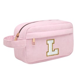 Initial Makeup Bag, Corduroy Cosmetic Bag, Travel Toiletry Bag with Metal Zip, Portable Makeup Bag for Women, Organiser, Christmas Birthday Gifts for Women, Girls, Pink, l
