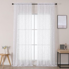 OWENIE Furman Extra Long Sheer White Curtains 96 inches Long for Bedroom Living Room 2 Panels Set, Light Filtering Soft Semi Sheer Jacquard Clip Farmhouse Curtains Rod Pocket Design, 52Wx96L inch