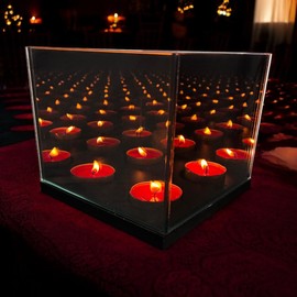 Infinity Mirror Tea Light Candle Holder Slot with Electric Flameless Compatible Design - Glass Reflective Centerpiece with Wooden Base for Events & Weddings - Decorative Votive Light Box (4)