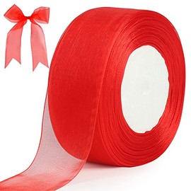 Red Organza Ribbon, 40mm x 50 Yards Double Faced Sheer Chiffon Ribbon for Gift Wrapping, Christmas Wedding Party Ceremony Decorations and DIY Bows Crafts