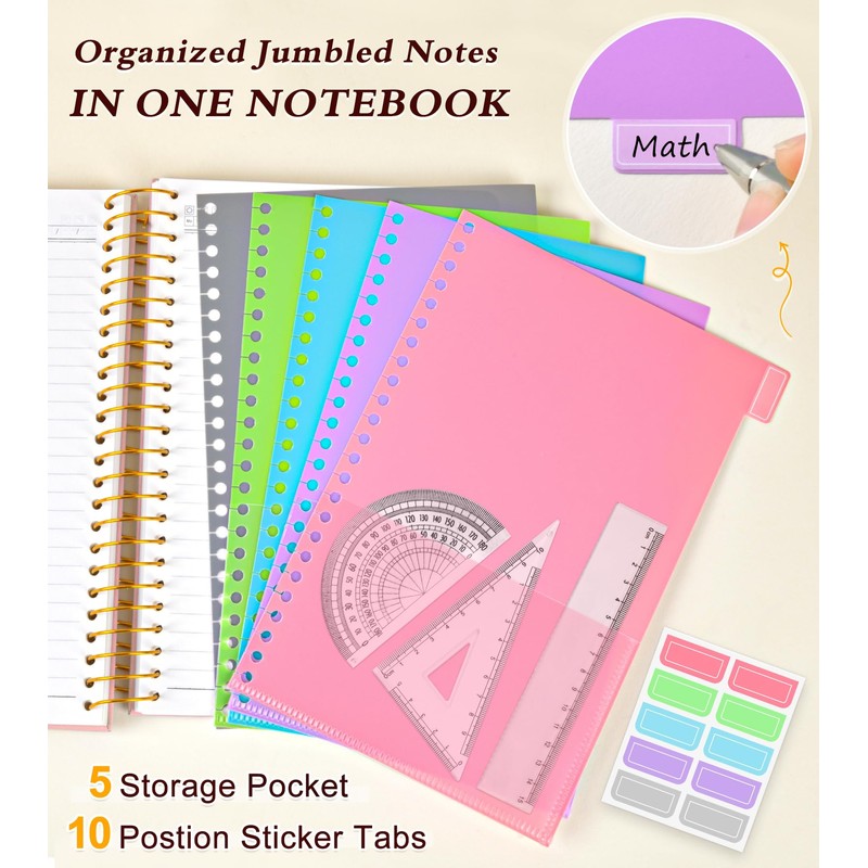 5 Subject Notebook College Ruled, Hardcover Spiral Notebook with Removable