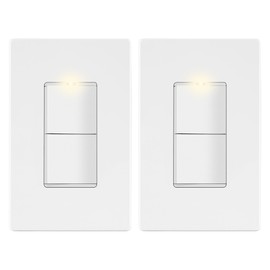 LIDER Matte Finish Lighted Double Switch with Screwless Wall Plate, Combination Frameless Decorator Switch with Locator Light, Ground Terminal Single Pole, 15A 120V, UL Listed, White, 2 Pack