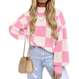 ZESICA Women's 2025 Fall Fashion Turtleneck Long Sleeve Striped Ribbed Knit Loose Pullover Sweater Tops Pink Plaid Medium