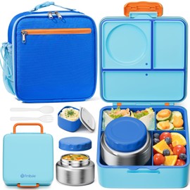 Fimibuke Kids Bento Lunch Box with Thermos, Leakproof Toddler Bento Box with 8.5 OZ Insulated Food Jar, Lunch Bag & Utensils BPA Free Dishwasher Safe 3 or 4 Compartment Container for School Girls Boys