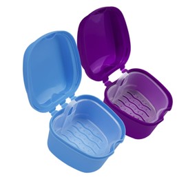 SENLIN DENTAL SENLIN DENTAL 2pcs Denture Bath Retainer Case, Dentaure Cups for Soaking Dentures with Strainer Basket Tray,Compact and Pportable Design, Suitable for Traveling (Light Blue+Purple)
