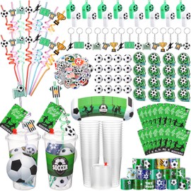 Seenelling 159 Pcs Soccer Party Favors Set Goodie Bag Stuffer with Cup Straw Sleeve Bouncy Ball Pinball Machine Whistle Keychain Sticker Clap Bracelet for Sport Reward Birthday Back to School Gift