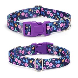 Purple Dog Collar with Florals, Pretty Flower Pattern Design Quick Release Buckle Soft Nylon Female Dog Collars Adjustable for XS Small Medium Large Pet Girl Dogs, M