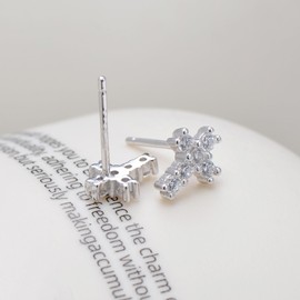 925 Sterling Silver Cubic Zirconia Tiny Cross Studs Earrings for Women, White Gold Plated