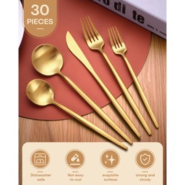 Gold Silverware Set,Ollex 30-Piece Modern Silverware Set for 6 with Knives Forks Spoons Matte Flatware Set Food-Grade Stainless Utensils Satin Finish Tableware Cutlery Set,Dishwasher Safe