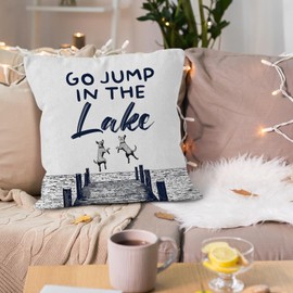 VRW Vintage Lake House Dog Throw Pillow Covers 18x18, Funny Go Jump in The Lake Farmhouse Decorative Pillow Covers for Home Living Room Bedroom, Lakehouse Decor Accent Pillows Cover Pillowcases