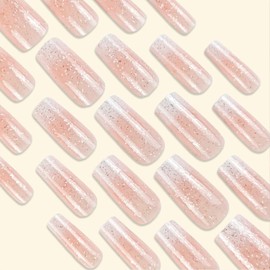 Glitter Press on Nails Medium Long Fake Nails Square False Nails Press ons Pink White Ombre Acrylic Nails Cute Full Cover Glue on Nails Glossy Gradient Stick on Nails for Women 24 Pcs