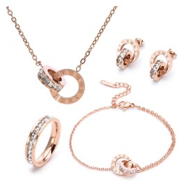 RPAEOY Jewellery Set for Women and Girls Cubic Zirconia Stainless Steel Roman Numerals Circle Gold-Plated Pendant Necklace Earrings Bracelet Set Jewellery Set Bridal Jewellery (Rose Gold), Stainless