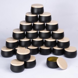 Hiztghc 24-Pack 8oz Candle Tins with Wood-Grain Lids Multi-Purpose Containers for Storage, Aromatherapy Candle Making, Small Plants, Arts & Crafts (Matte Black)
