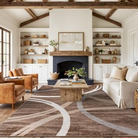 Rugshop Modern Wavy Circles Design Area Rug, Non-Shedding Carpet for Living Room, Bedroom, or Dining Room, Brown, 7'10" x 10'2"