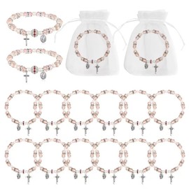 JACYUIG Rosary Bracelet Bulk with Mesh Bags Religious Catholic Rosary Bead Bracelets Baptism Party Favors for Guests (Pink,12Pcs)