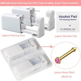 Nose Piercing Gun Kit - 72Pcs Self Nose Piercing Kit Unit Disposable Nose Piercing Gun Including 24Pcs Nose Piercing Gun with 24Pcs Built-in Nose Studs and 24Pcs Clean Tools for Nose Cartilage