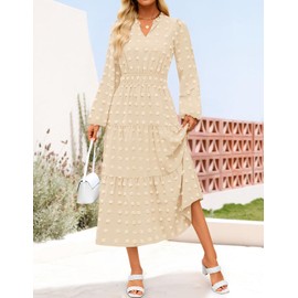 ZESICA Boho Fall Maxi Dresses for Women 2025 Dressy Casual Long Sleeve Swiss Dot Tiered Flowy Swing Wedding Guest Long Dress Apricot M