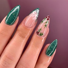 Christmas Fake Nails French Tip Press on Nails Green Glitter Holly Christmas Nail Art Designs Almond Winter Snowflake False Nail Acrylic Glossy Full Cover Glue on Nails for Women, 24pcs