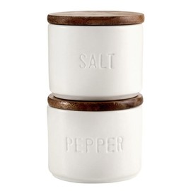 Santa Barbara Design Studio Ceramic Salt and Pepper Bowls Stackable Salt Pepper Container with Acacia Wood Lids, Set of 2, White