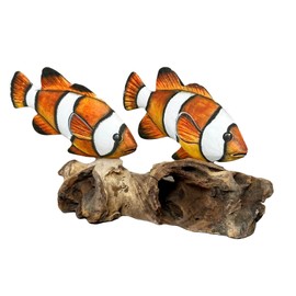 Clownfish On Driftwood Coral Reef Sculpture Rustic Tropical Sea Shoal Ornament 23x12x11cm