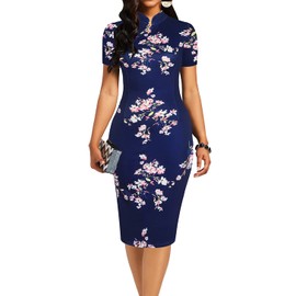 oxiuly Women's Vintage Floral Flare Party Wedding Stretch Bodycon Dresses Casual Work Pencil Dress OX183 (S, NB pinkF)