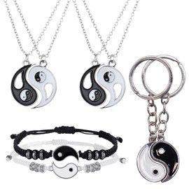 TAIZER Yin Yang Necklace Bracelet Set 8PCS Yin Yang Pendant Chain Tai Chi Pendant Couple Matching Adjustable Bracelet Cord Men Women Boyfriend Girlfriend Friendship Birthday Valentine Gift Souvenir