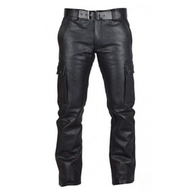 Men's Real Black Leather Pants Cargo 6 Pockets Pants Bikers Jeans Leather Trousers