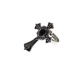 Detailed Alternative Jewellery Adjustable Celtic Cross Ring with Black Gem