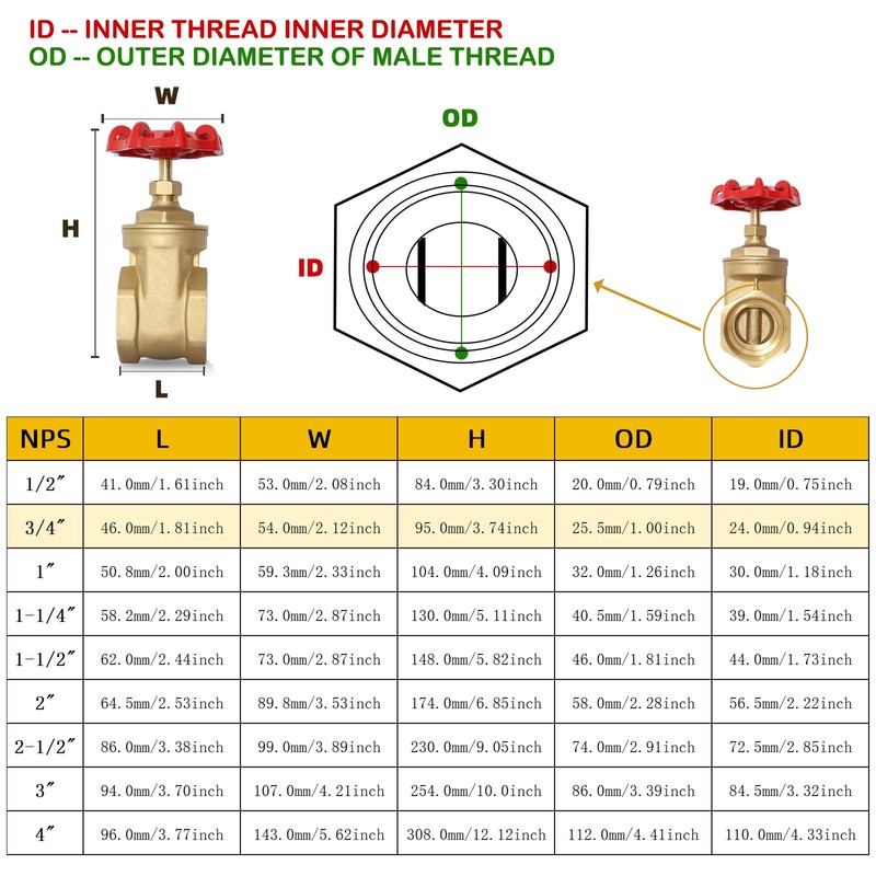 3/4" NPT Brass Gate Valve, Heavy Duty Female x Female