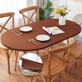 Limalred Fitted Spandex Oval Tablecloth, Soft Skin Friendly Non Pilling Breathable Fabric Table Cover with Elastic Band for Dining Gathering Party Banquet Decoration 48 x 68 Inch Brown