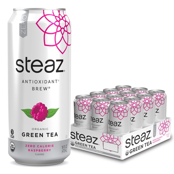 Steaz Organic Iced Green Tea Antioxidant Brew, Zero Calorie Raspberry, 16 Fl Oz, Pack of 12
